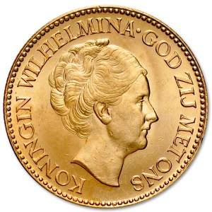 Złota moneta 10 Guldenów Wilhelmina awers