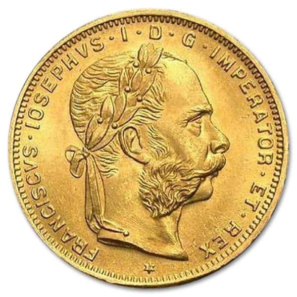Złota moneta 8 Florenów / 20 Franków Austro-Węgry awers