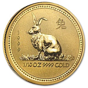 Złota moneta Australijski Lunar I Rok Zająca 1/10 oz rewers