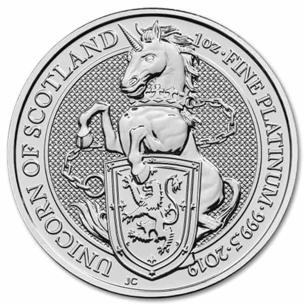 Platynowa moneta Bestie Królowej Szkocki Jednorożec 1oz rewers