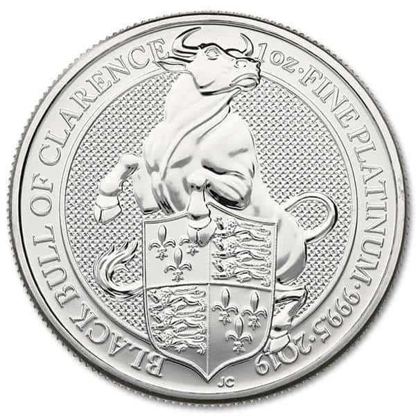 Platynowa moneta Bestie Królowej Czarny Byk z Clarence 1oz rewers