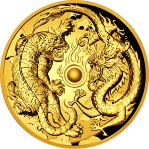 Złota moneta Smok i Tygrys 2oz rewers