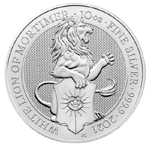 Srebrna moneta Bestie Królowej Biały Lew Mortimerów 10 oz 2021 rewers
