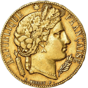 Złota moneta lokacyjna 20 Franków Ceres Francja rewers
