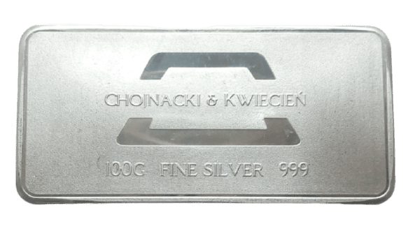 Sztabka srebra Chojnacki & Kwiecień 100 g rewers